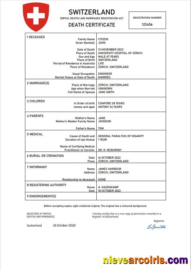 Switzerland vital record death certificate